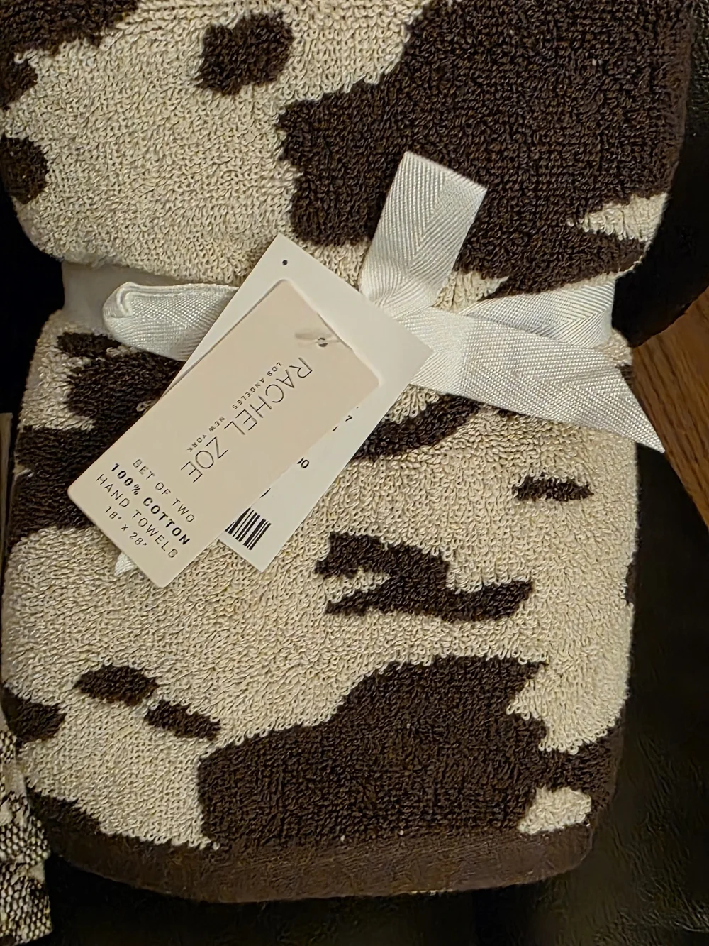 Rachel Zoe Set of 2 Brown & Cream Cow Print Towels